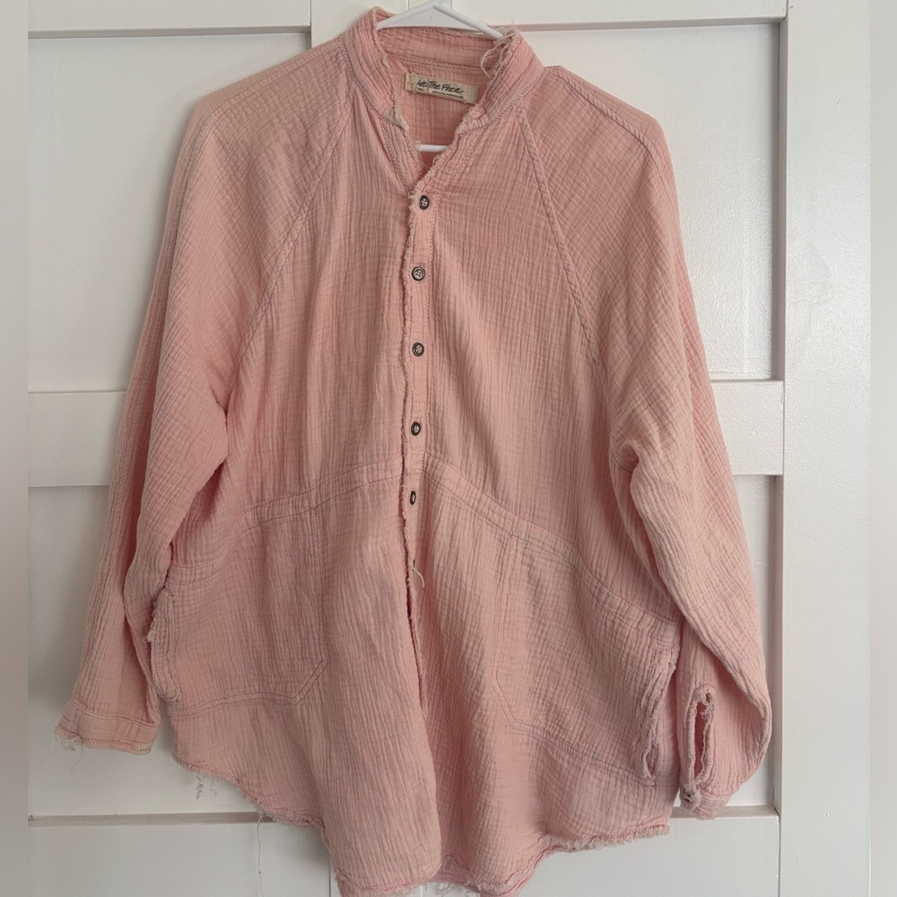 Free People Frayed Pink Button Down Shirt